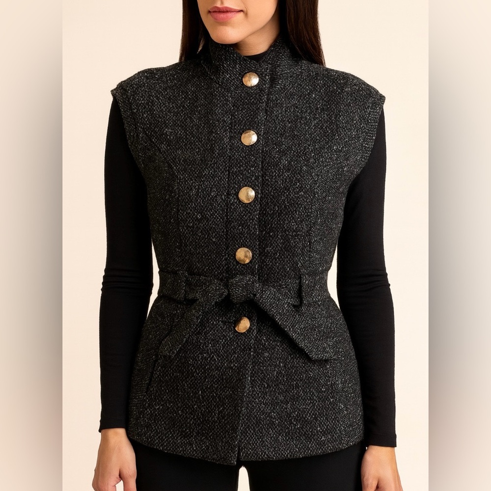 CAbi Black Tweed Wool Blend Lined Vest Gold Buttons Women’s Medium NWT